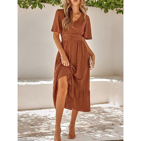 IFFEI Summer Maxi Dress V Neck Chiffon Ruffle Sleeve Swiss Dots A-Line Dress - Picture 4 of 7